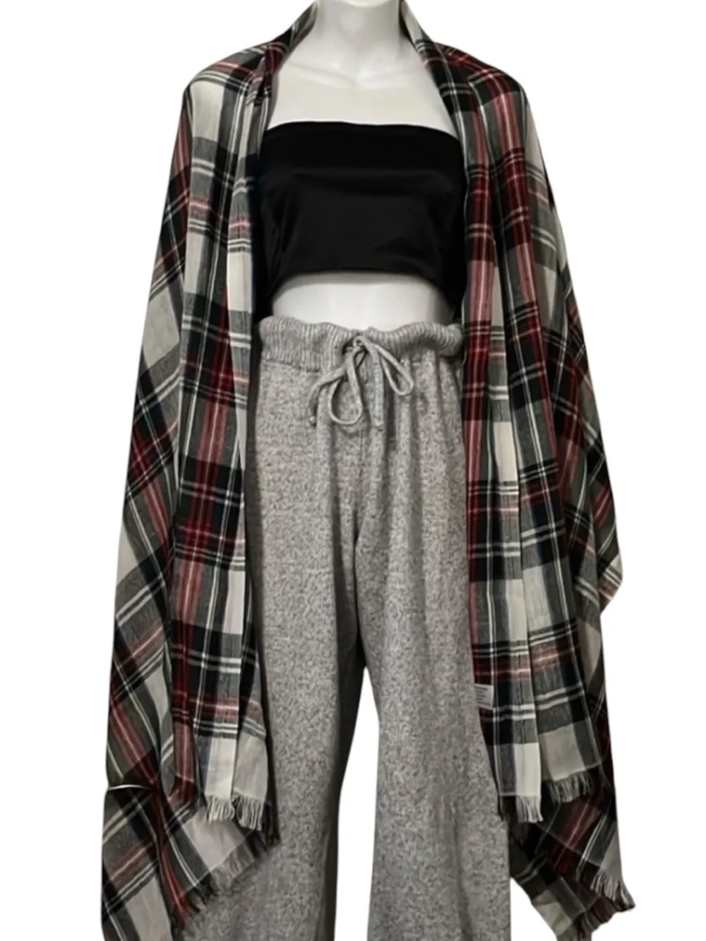 Naturally Knotty Red Black White & Blue Tartan Plaid Scarf Shawl Coverup